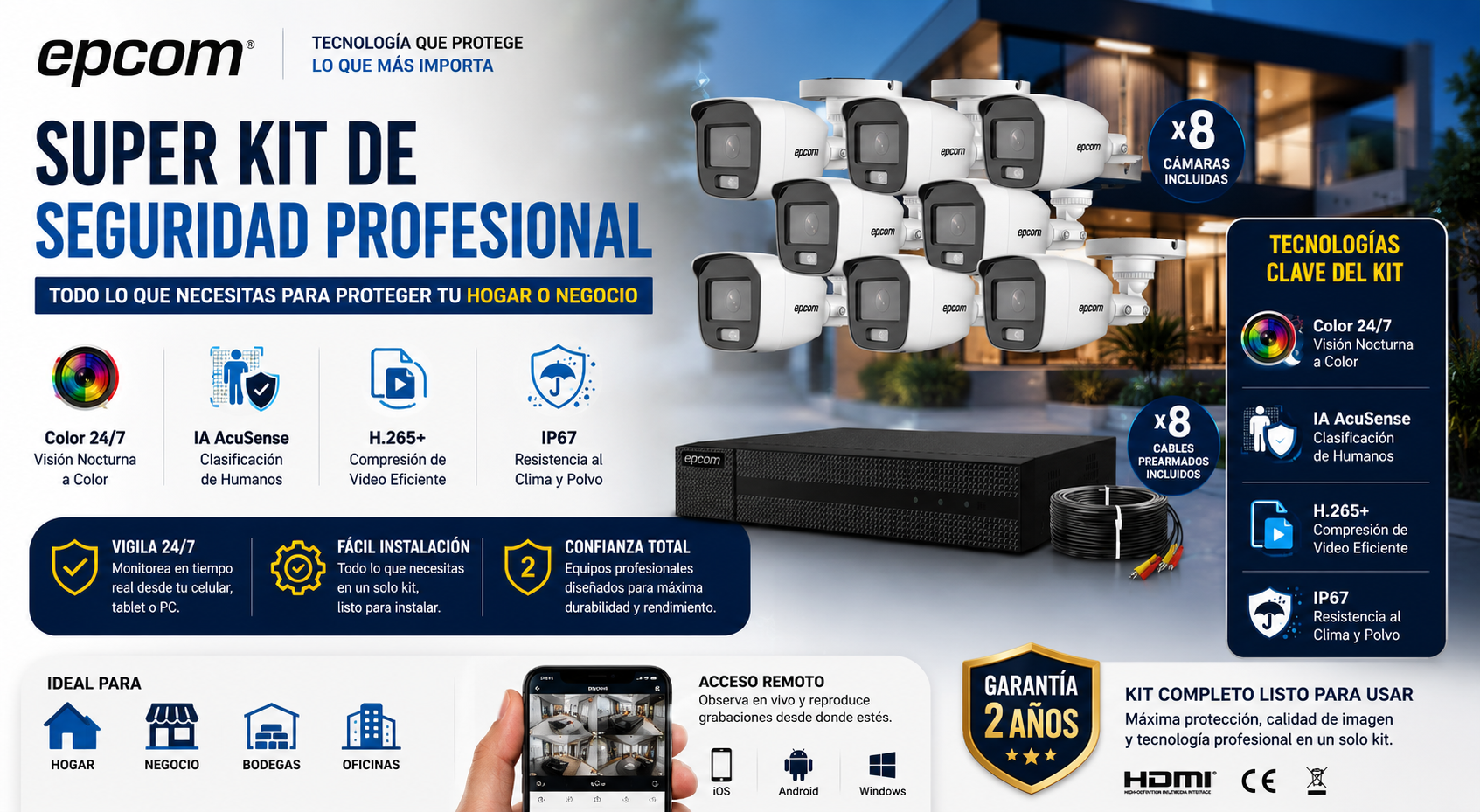 Paquete Negocio Blindado — 8 cámaras HD con DVR